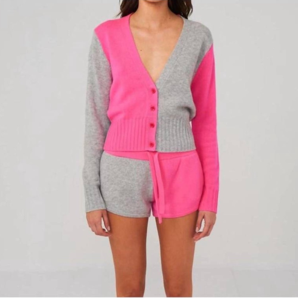 Brodie Cashmere Neon Hot Pink ColorBlock Cardigan Sweater - Picture 3 of 9